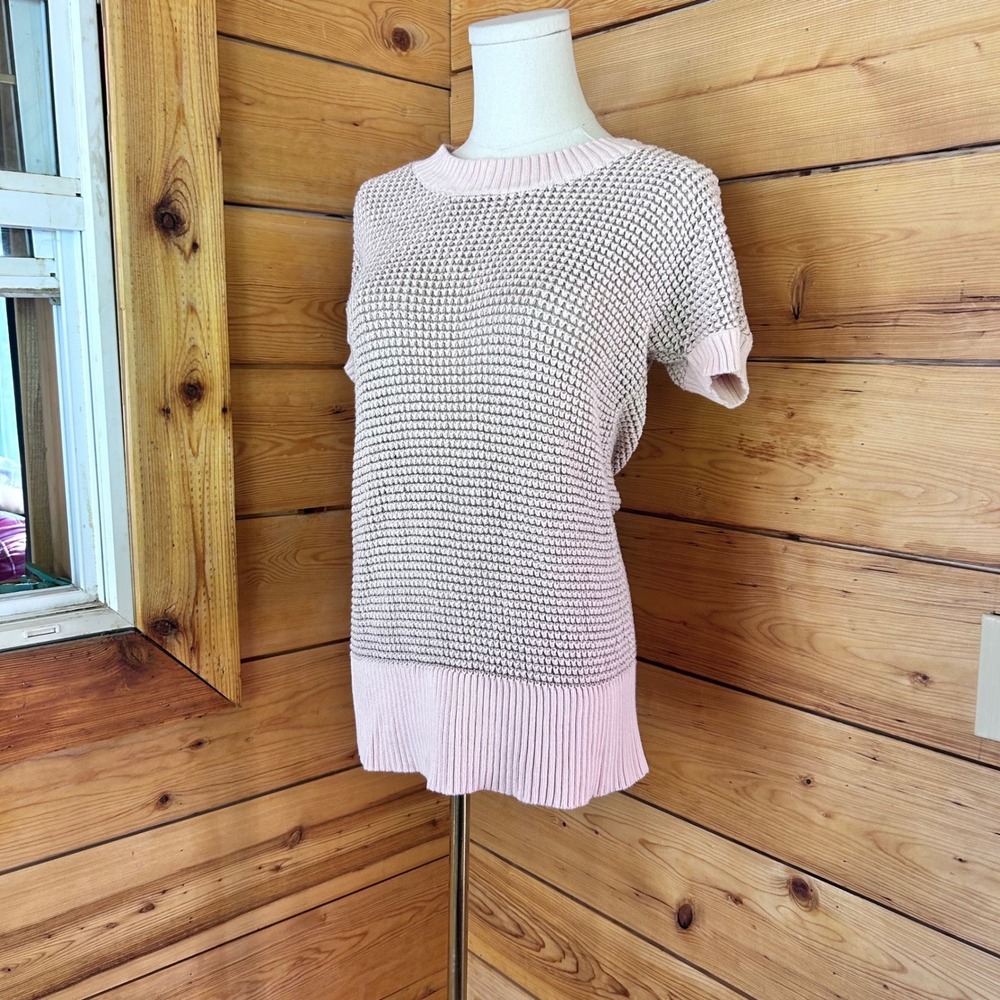 Metallic Sweater Short Sleeve Tunic Women Large Pink Gold Shimmer Ann Taylor